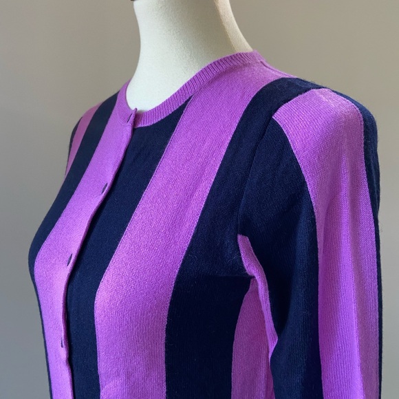 Beautiful NWT cashmere JCrew Collection Purple and Navy Striped Cardigan - Picture 2 of 6